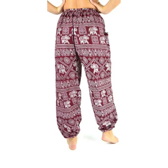 Aladdin Pants in Burgundy with Elephant Print