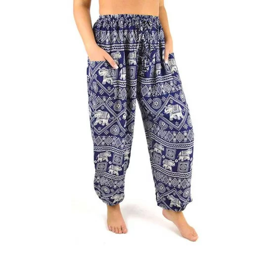 Dark blue aladdin pants with elephant print