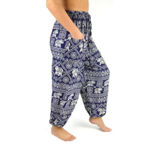 Dark blue aladdin pants with elephant print