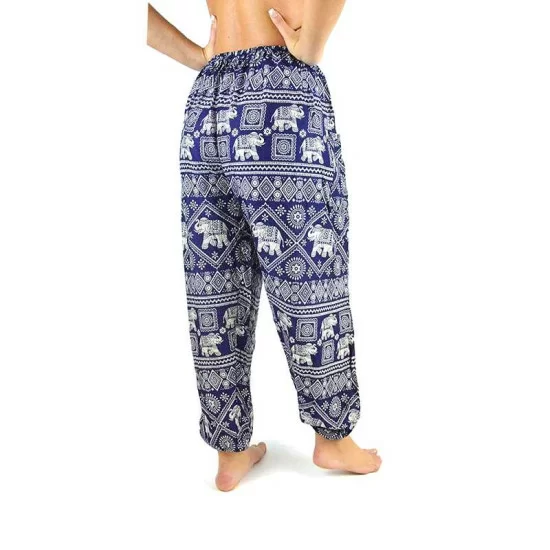 Dark blue aladdin pants with elephant print