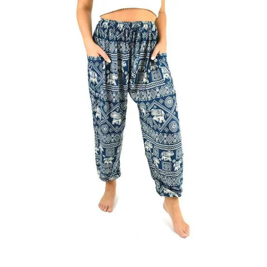 Aladdin Pants Blue-Green with Elephant Print