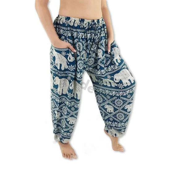 Green-blue aladdin pants with elephant pattern