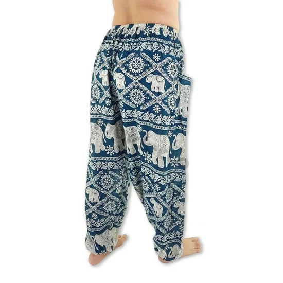 Green-blue aladdin pants with elephant pattern