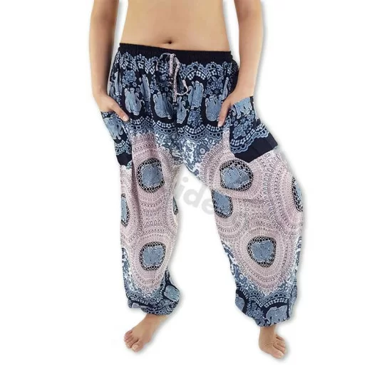 Aladdin pants in Elephant Rose design in black-white-blue color