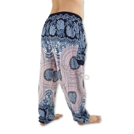 Aladdin pants in Elephant Rose design in black-white-blue color