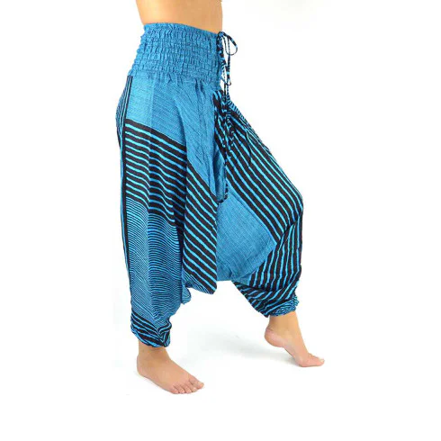 Stylish harem pants for both women and men with design stripes in blue