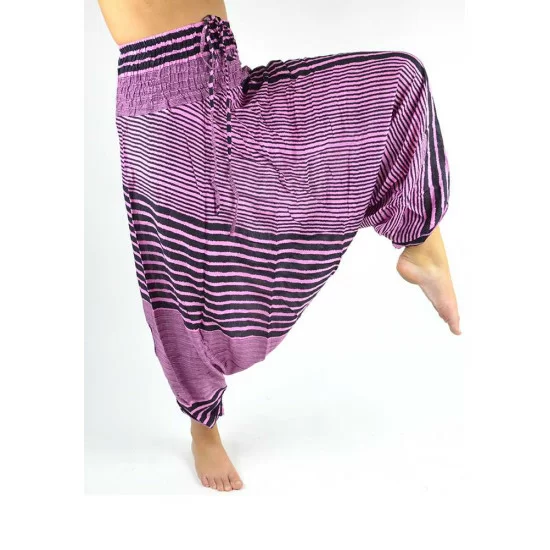 Women's and men's harem pants with design stripes in pink color