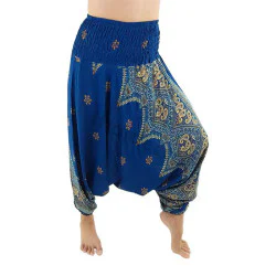 Blue harem pants with peacock flower pattern