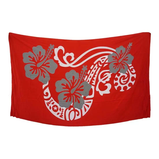 Large red sarong with Hibiscus motif