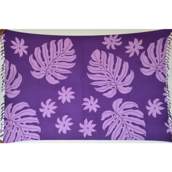 Sarong with big monstera print in purple color for the beach and pool