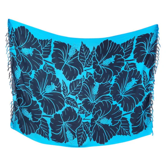 Blue sarong with black hibiscus flowers and fringes