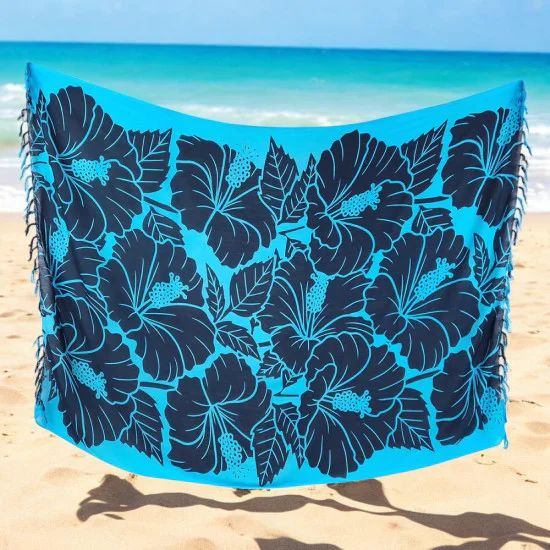 Blue sarong with black hibiscus flowers and fringes