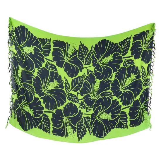 Green sarong with black hibiscus flowers and fringes