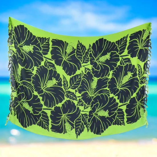 Green sarong with black hibiscus flowers and fringes