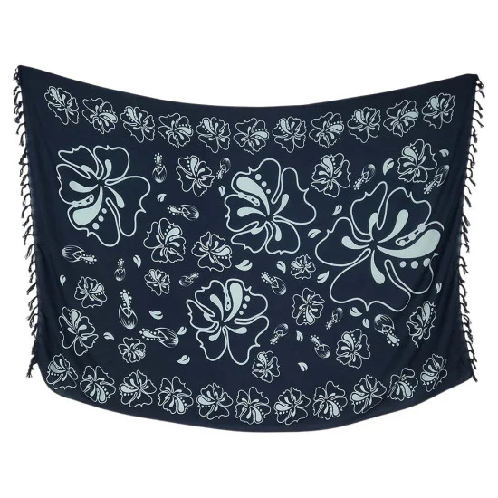 Black hibiscus sarong with blue-grey flowers