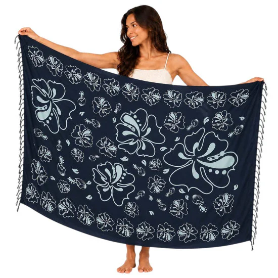 Black hibiscus sarong with blue-grey flowers