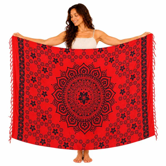 Red Mandala Sarong with Fringe – Versatile Beach Shawl