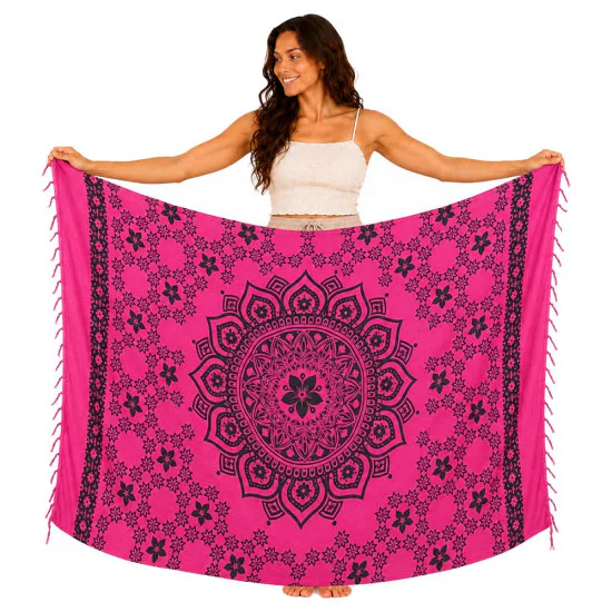 Rosa mandala-sarong med fransar – bohemisk strandfilt & sjal