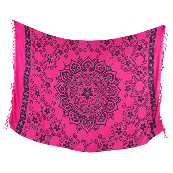 Pink Mandala Sarong with Fringe – Boho Beach Throw & Shawl