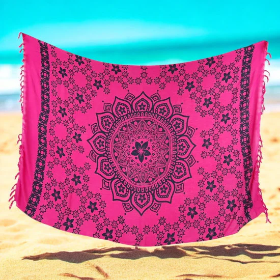 Pink Mandala Sarong with Fringe – Boho Beach Throw & Shawl