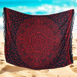 Mörk mandala-sarong med rött tryck och fransar