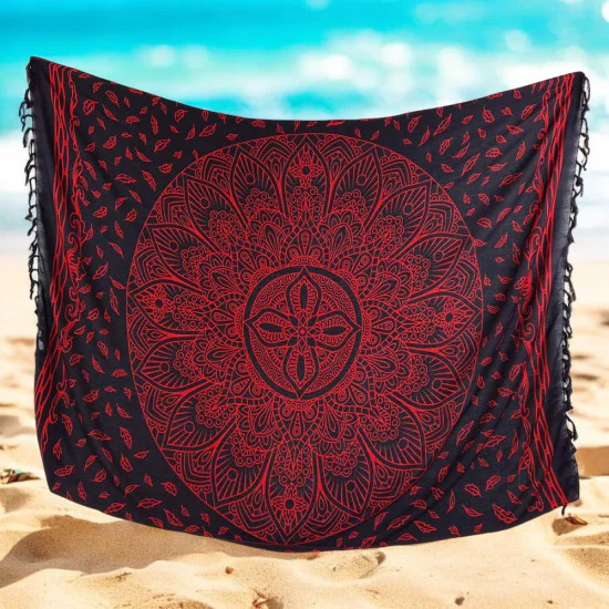 Svart mandala-sarong med rött mönster – elegant strandaccessoar