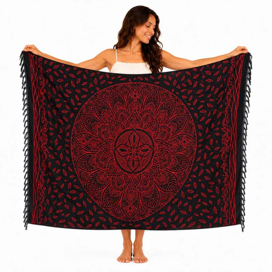 Black Mandala Sarong with Red Design – Stylish Beach Wrap