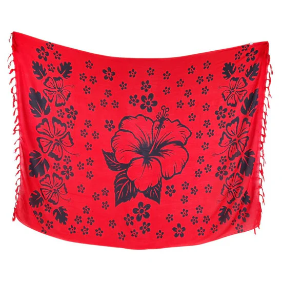 Röd sarong med svart hibiskusblommor – tropisk strandaccessoar