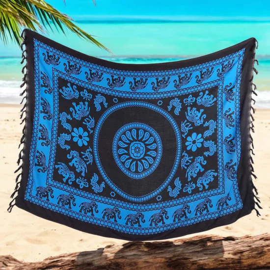 Sarong blå elefantmönster med bohemiskt mönster