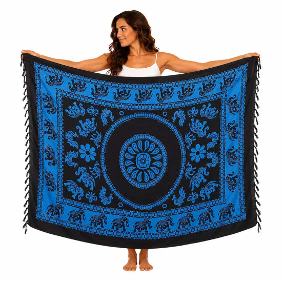Blue sarong with elephant pattern - boho beach wrap