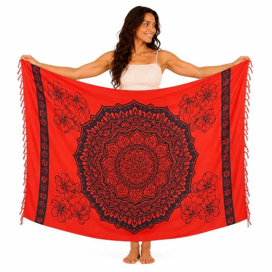 Red artificial silk mandala sarong with lotus details