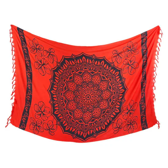 Röd sarong med lotusmandala och blommor