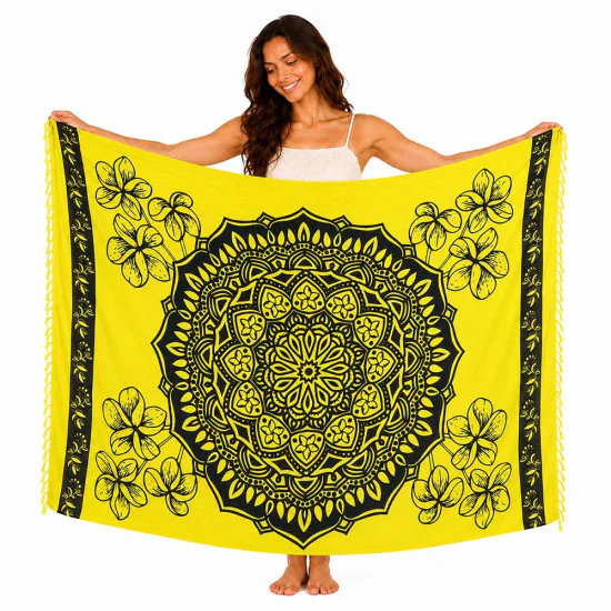 Yellow fabric with mandala and frangipani