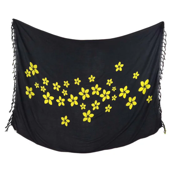 Black sarong wrap with yellow tropical floral print and tassels