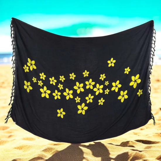Black sarong wrap with yellow tropical floral print and tassels