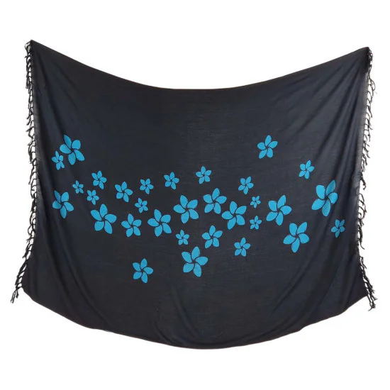 Black sarong with turquoise blue tropical flowers and fringe trim
