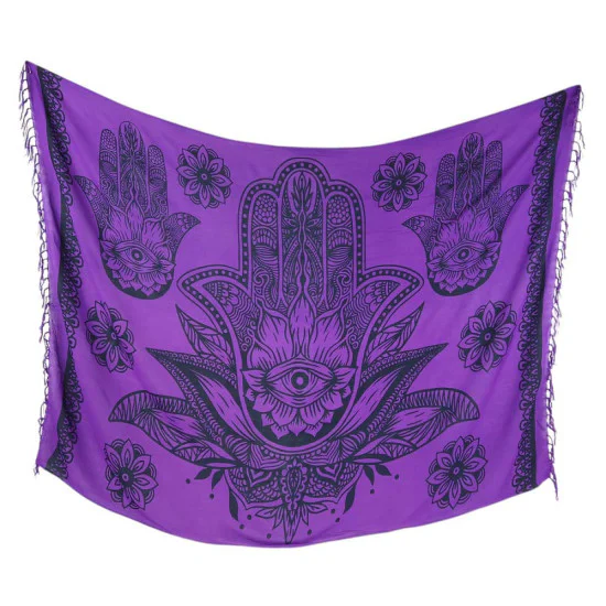 Purple sarong featuring black Hamsa hand symbols and fringe edges