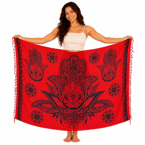 Röd sarong med stora svarta Hamsa-tryck och dekorativa mandalamönster
