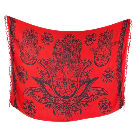 Red beach sarong with black Hamsa hand symbols and floral mandala art
