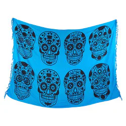 Turquoise Calavera sarong with black skulls
