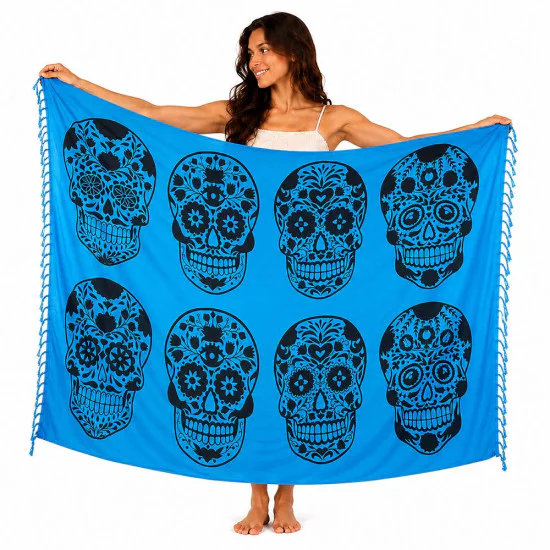 Blue Calavera sarong with black skulls
