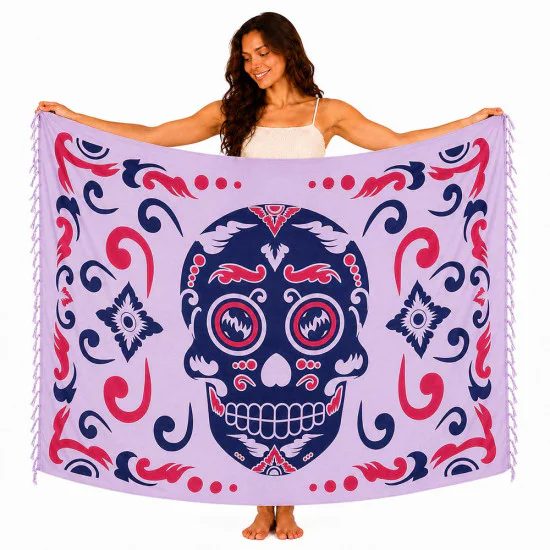 Ljusrosa Calavera-sarong med marinblå dödskalle
