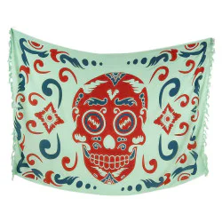 Light Green Calavera Sarong with Red Skull