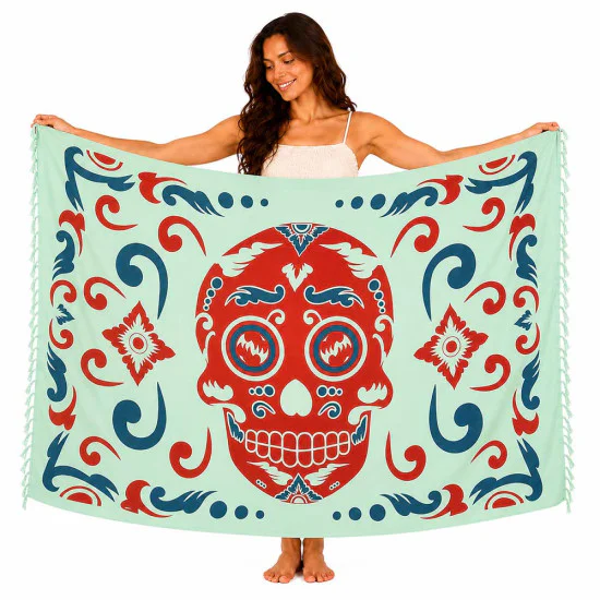 Ljusgrön Calavera-sarong med rött dödskallemotiv