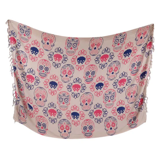 Ljusbeige Calavera-sarong med rosa och marinblå ornament