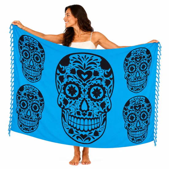 Blue Calavera sarong with large black motifs