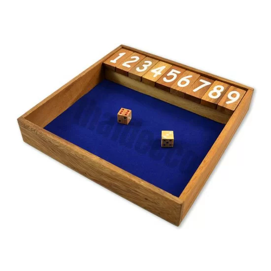Wooden game Shut The Box Large with dice and blue playing surface