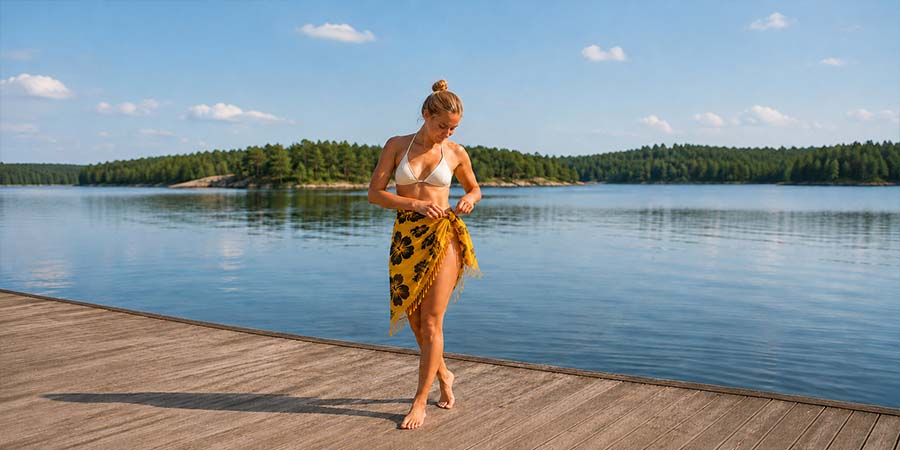 Gul sarong med svarta blommor knuten som strandkjol på brygga vid sjö