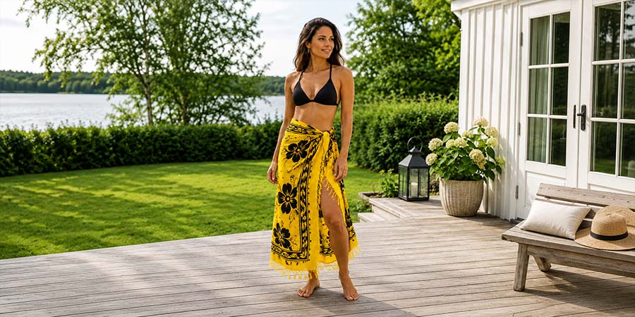 Gul sarong med svart blommönster buren som strandplagg på svensk altan