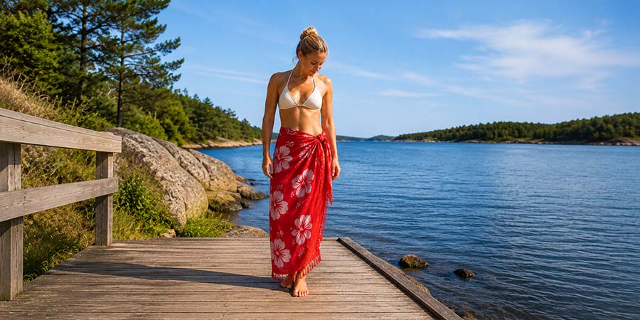 Röd blommig sarong knuten som lång strandkjol på brygga vid sjö